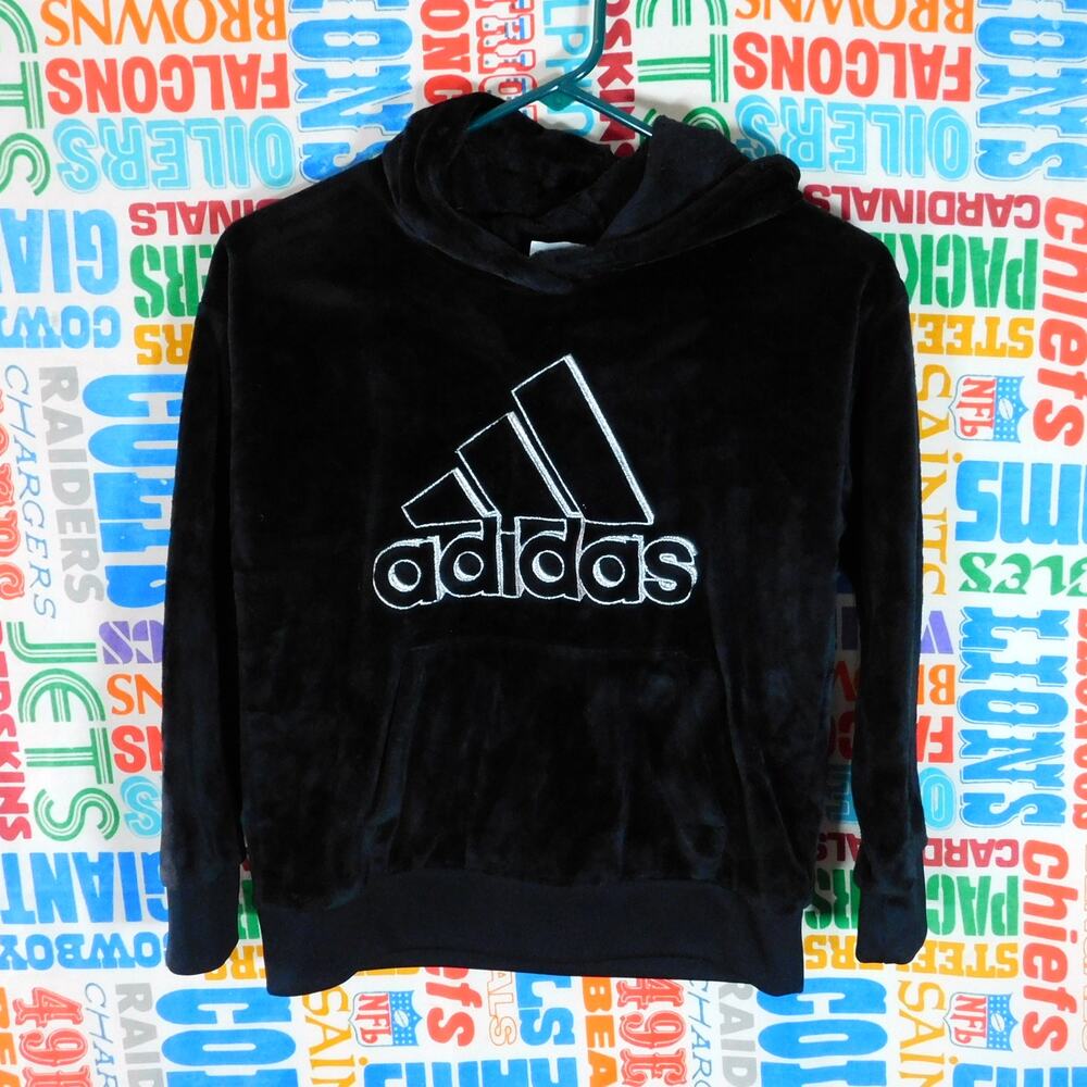 Adidas Hoodie Size Youth L 10/12 Velour Black Pullover Silver Logo